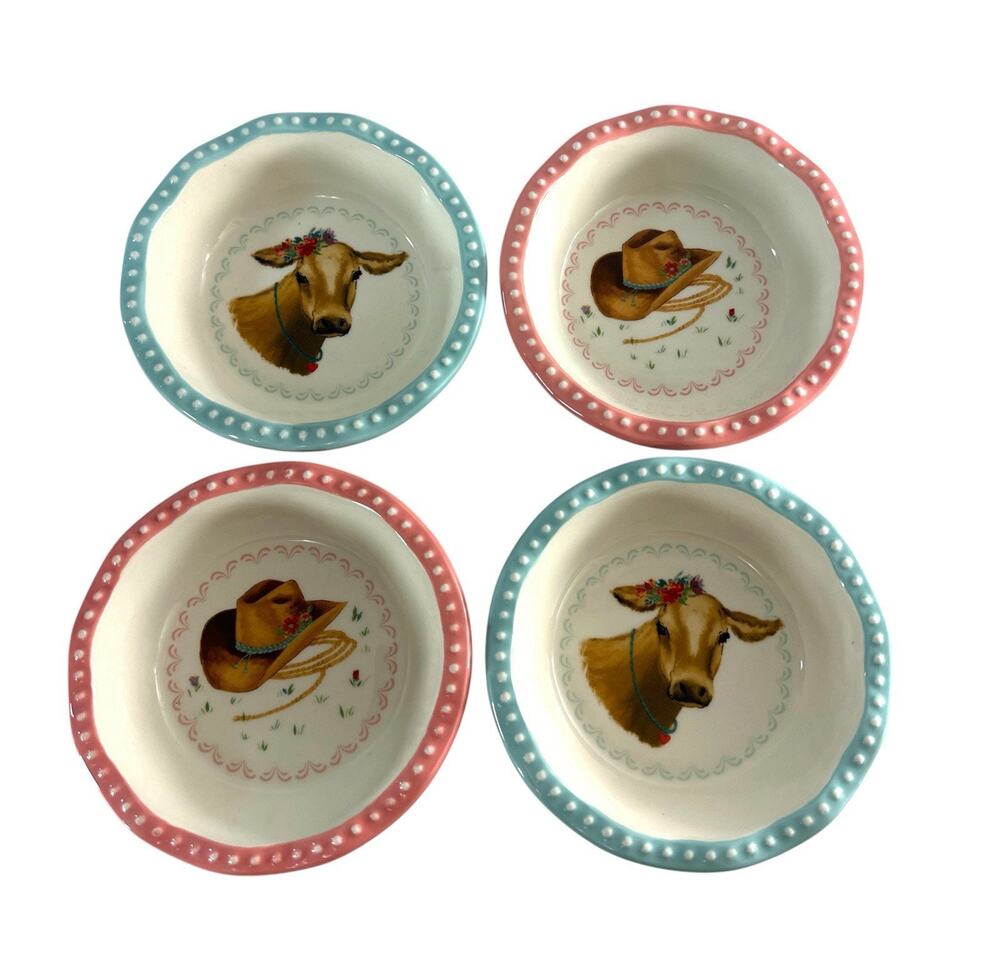 The Pioneer Woman Stoneware Bowls Set of 4 Cow Cowboy Hat Gingham 5.5”